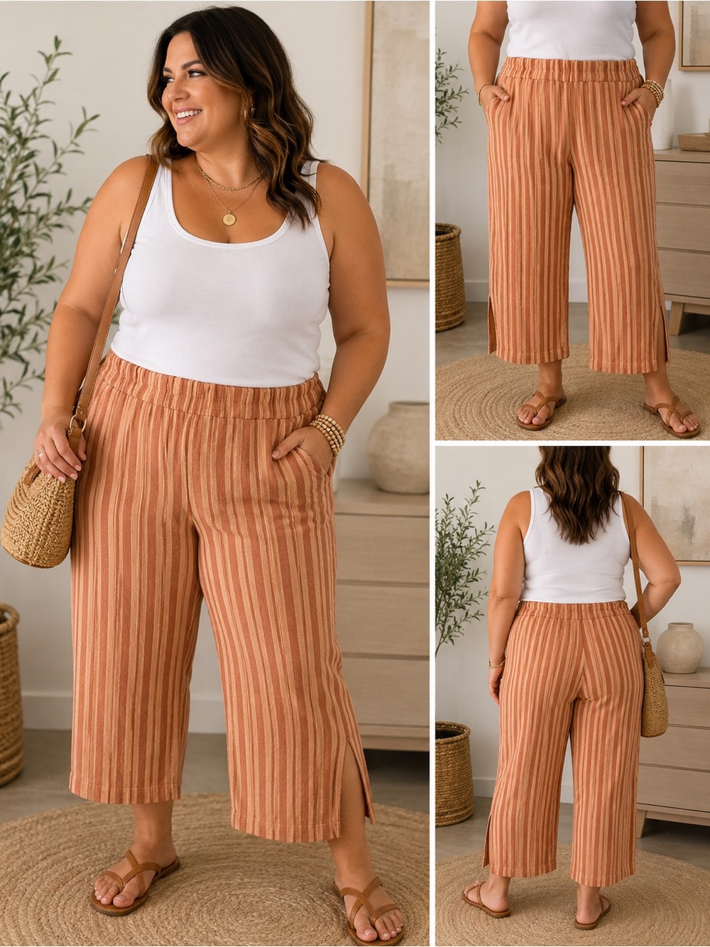Striped Cropped Wide-Leg Pants in Rust Stripe